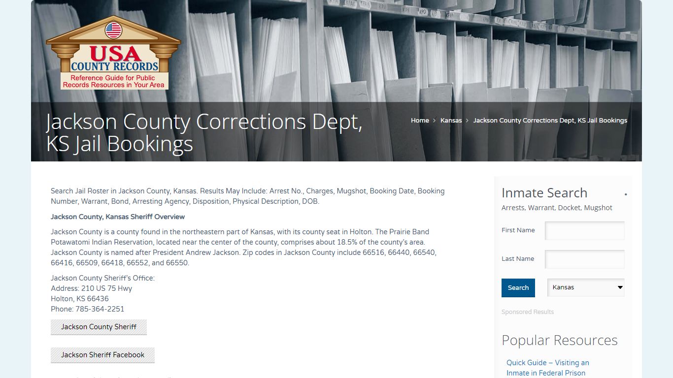 Jackson County Corrections Dept, KS Jail Bookings | Name Search